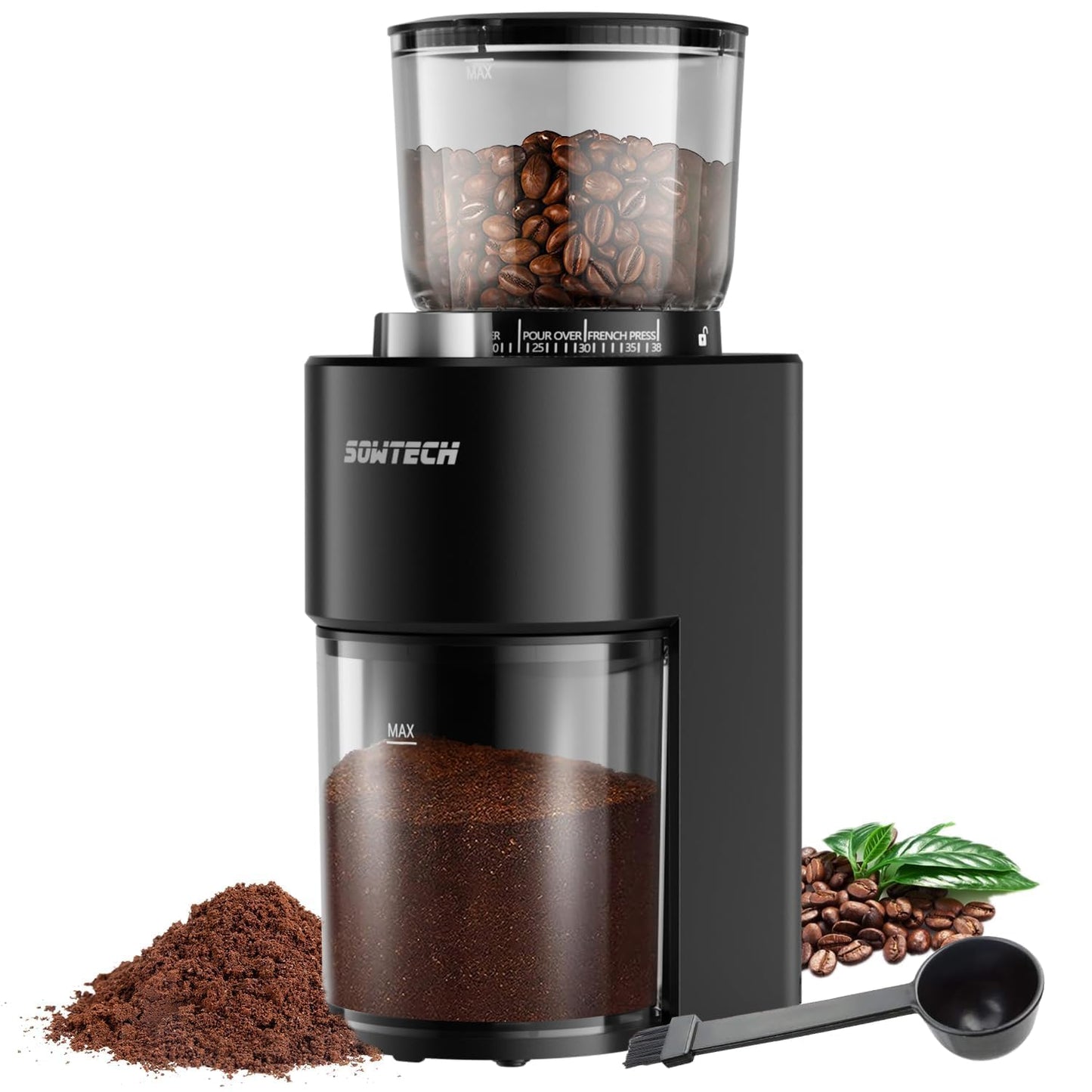Conical Burr Coffee Grinder with 38 Grind Settings & Precision Timer