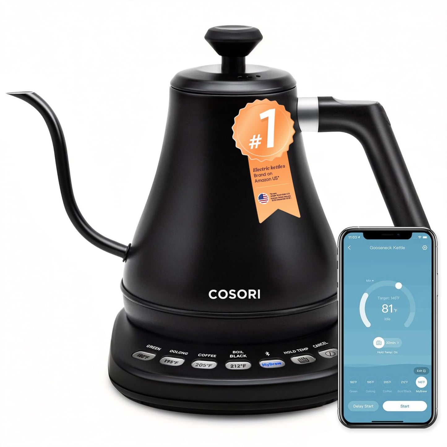 Smart Gooseneck Electric Kettle with Variable Temperature Control