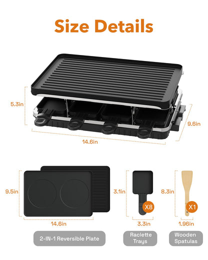 Electric Raclette Grill with Reversible Plate & 8 Warming Trays