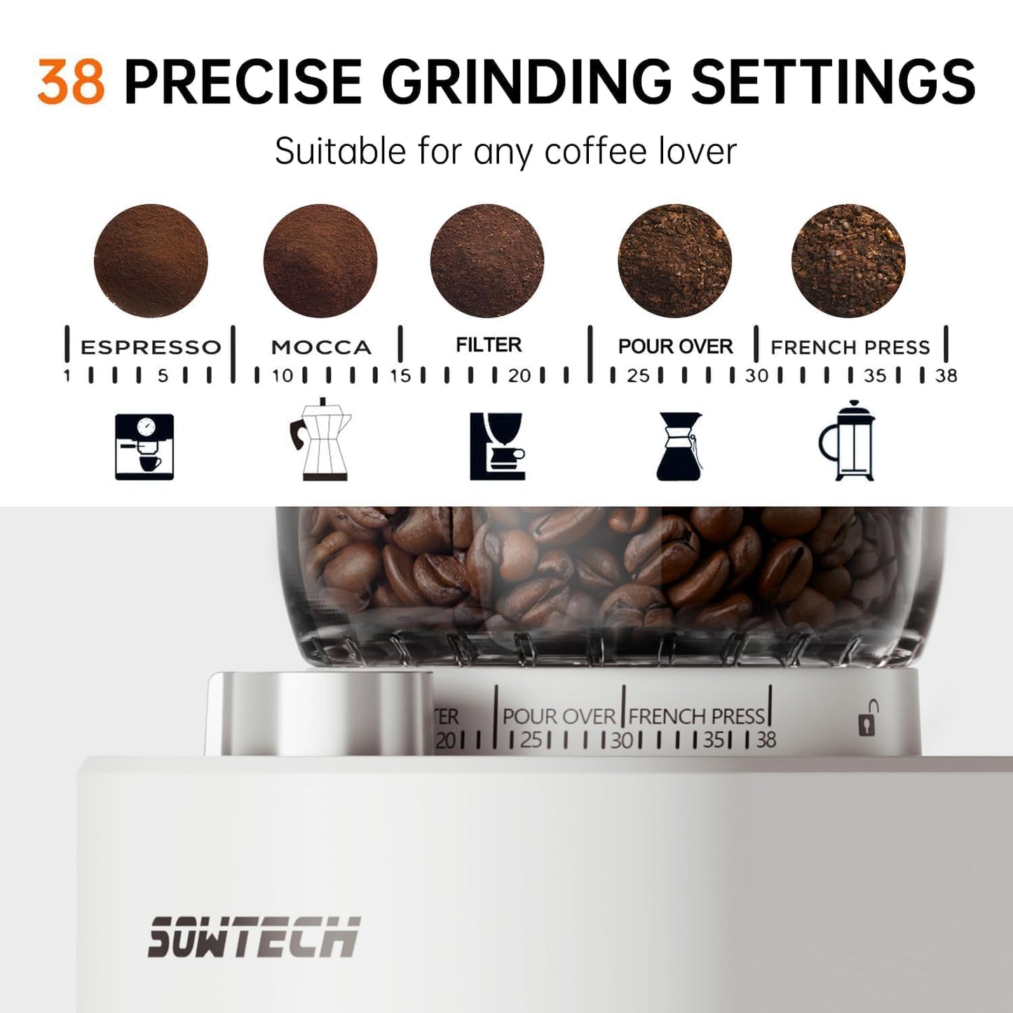 Conical Burr Coffee Grinder with 38 Grind Settings & Precision Timer