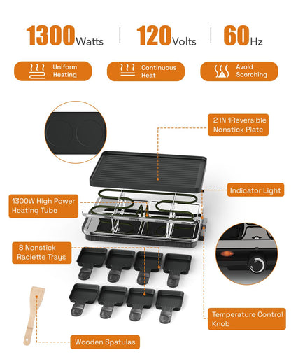 Electric Raclette Grill with Reversible Plate & 8 Warming Trays
