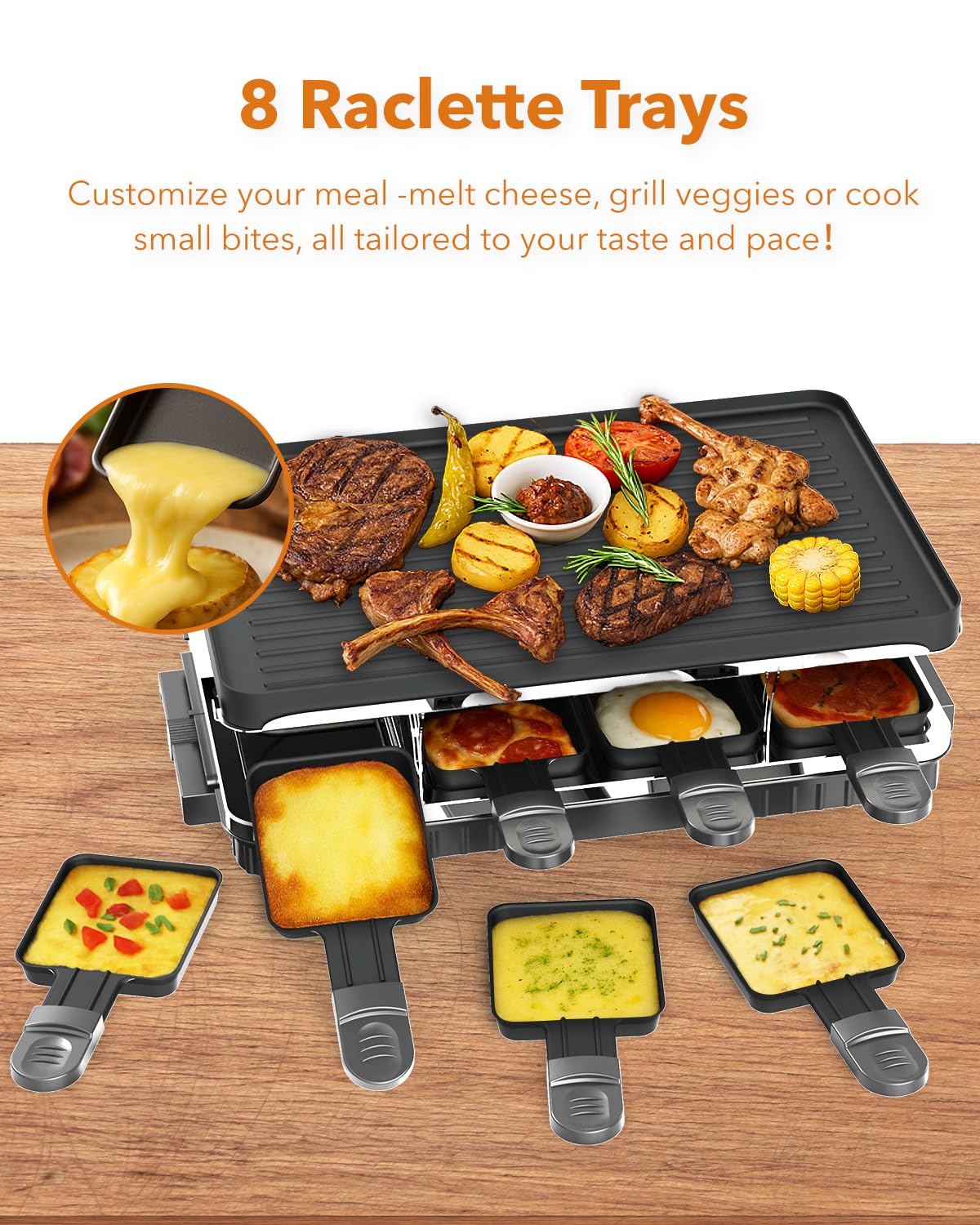 Electric Raclette Grill with Reversible Plate & 8 Warming Trays