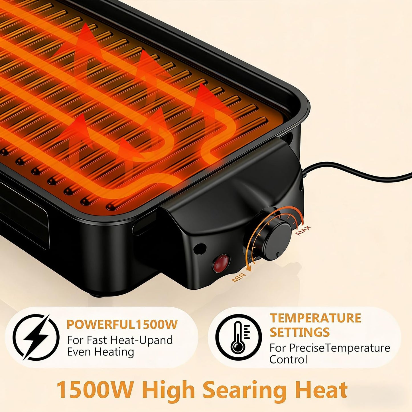 1500W Smokeless Indoor Electric Grill & Griddle with Temperature Control