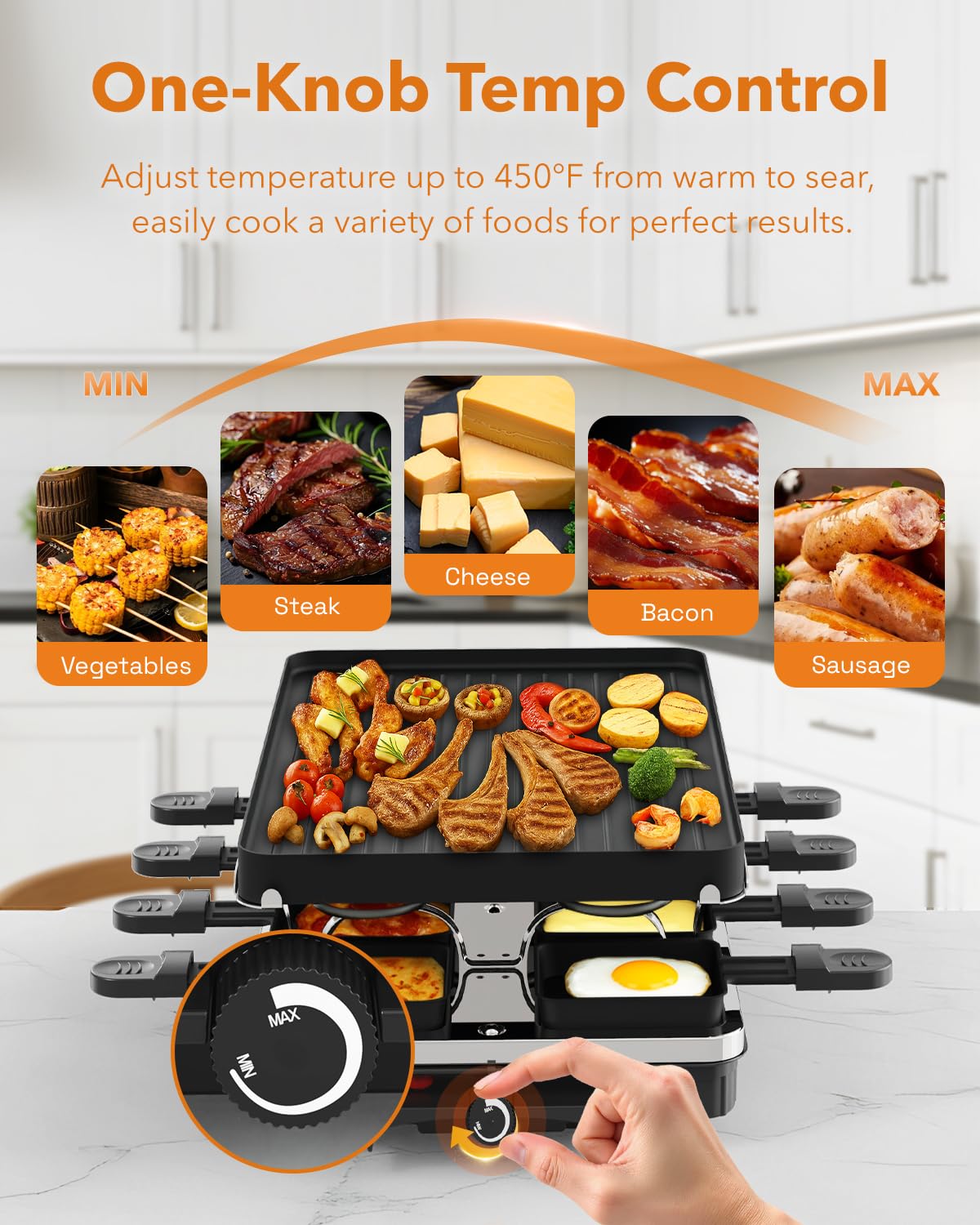 Electric Raclette Grill with Reversible Plate & 8 Warming Trays
