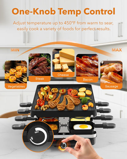 Electric Raclette Grill with Reversible Plate & 8 Warming Trays