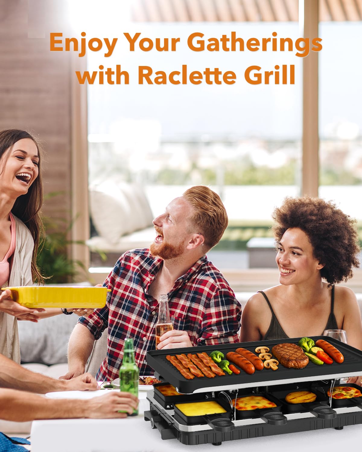 Electric Raclette Grill with Reversible Plate & 8 Warming Trays