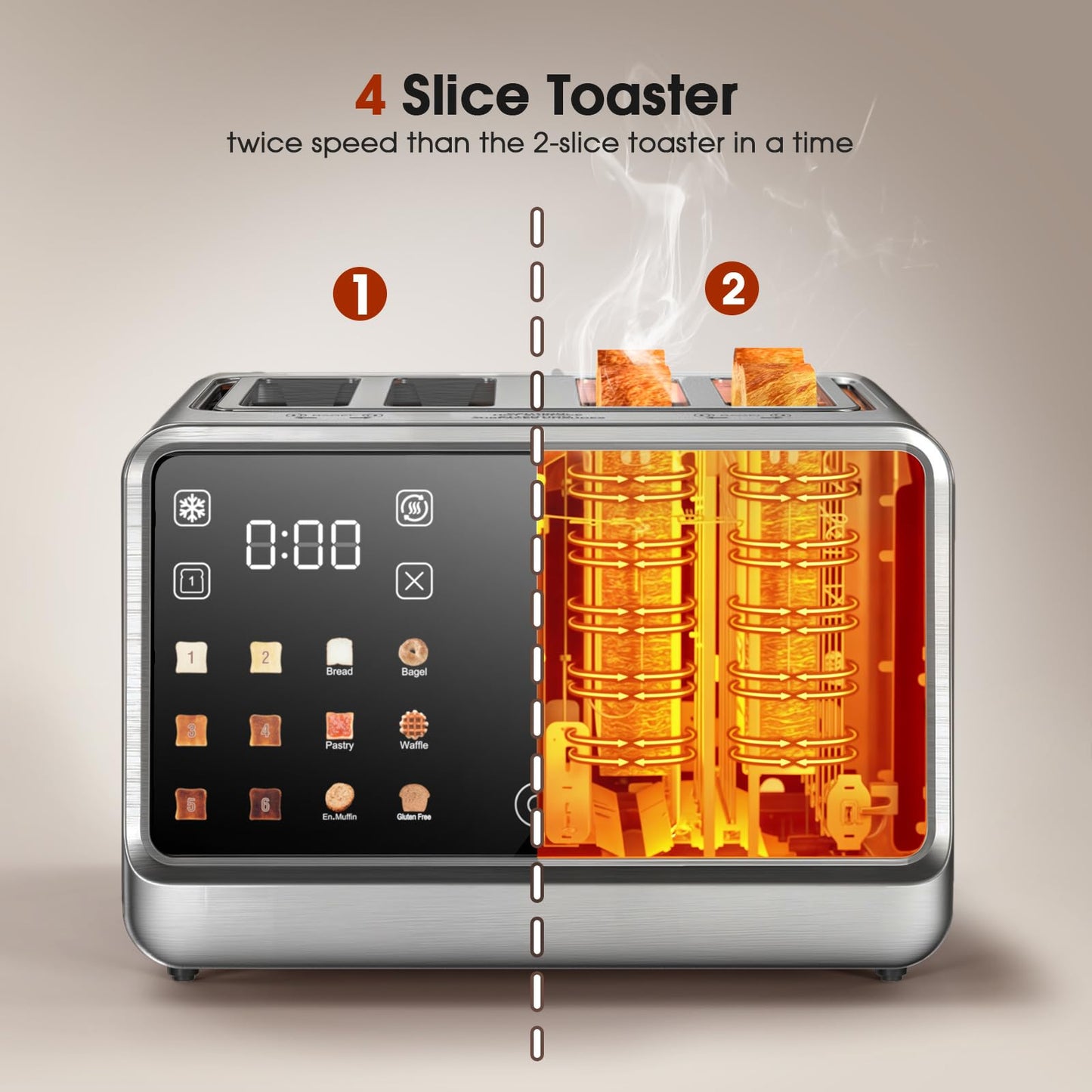 1800W 4-Slot Touch Screen Toaster with Independent Controls