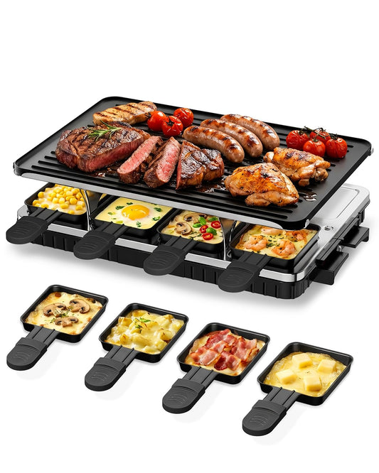 Electric Raclette Grill with Reversible Plate & 8 Warming Trays