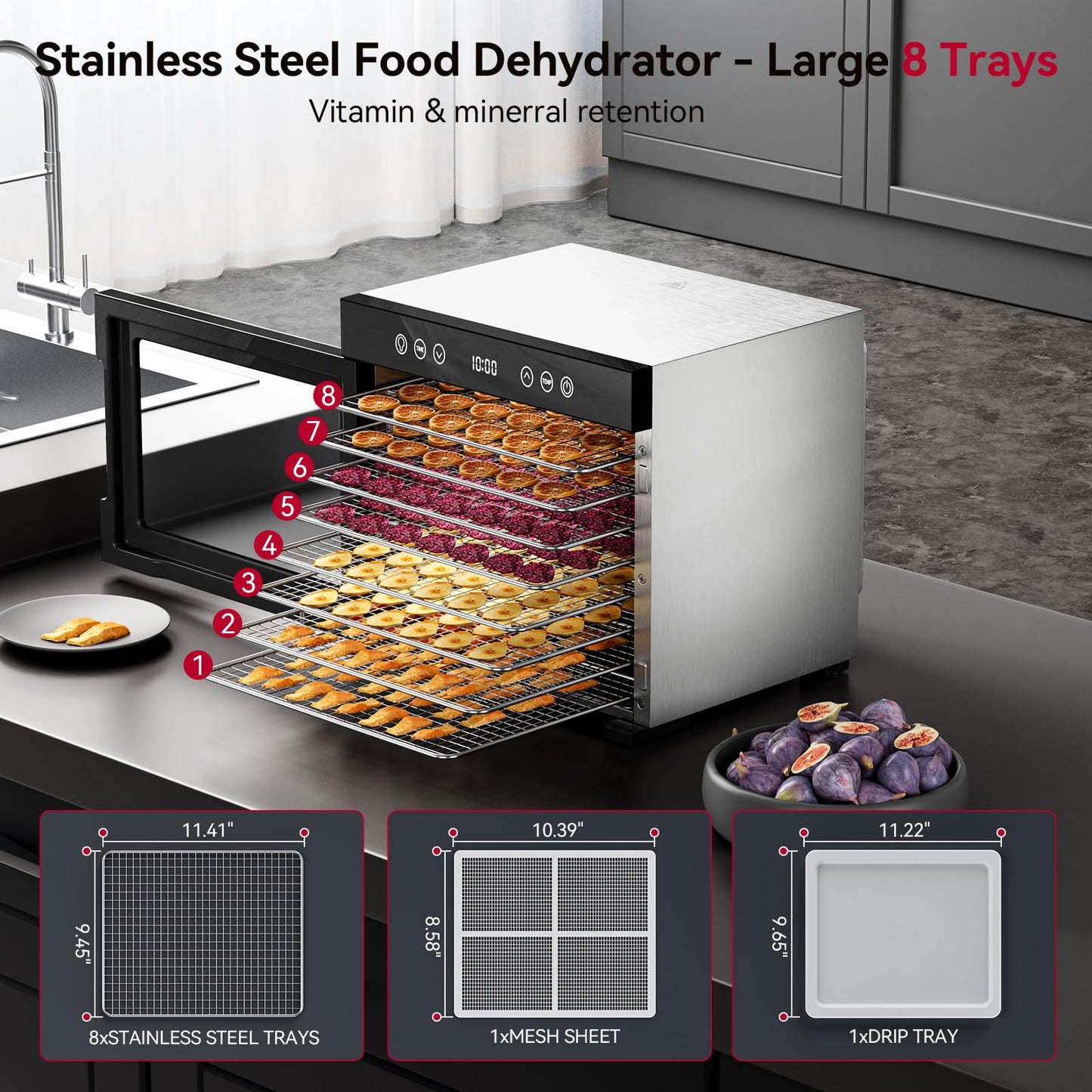8-Tray Stainless Steel Food Dehydrator with Adjustable Temperature & Timer