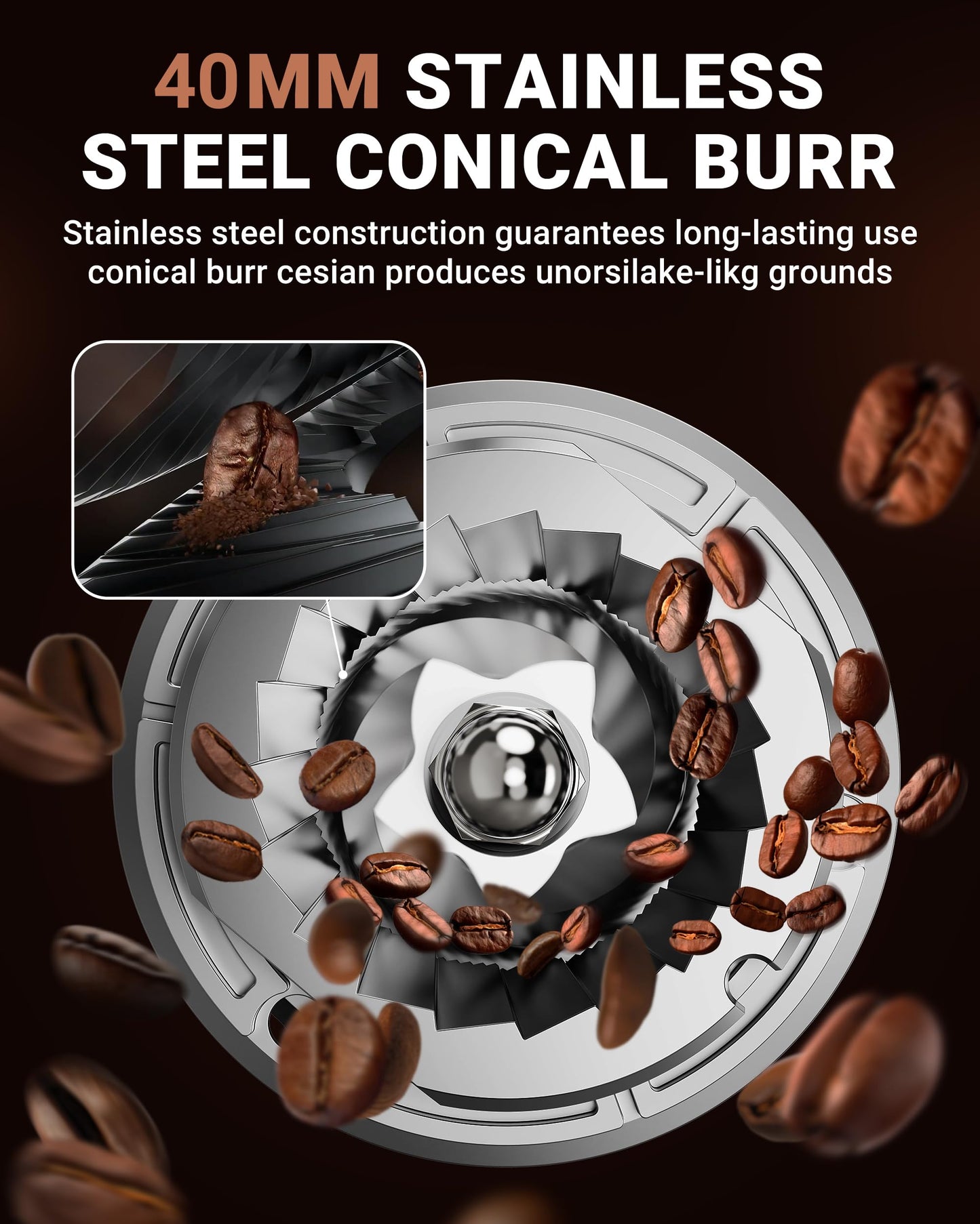 Conical Burr Coffee Grinder with 48 Grind Settings & Precision Timer