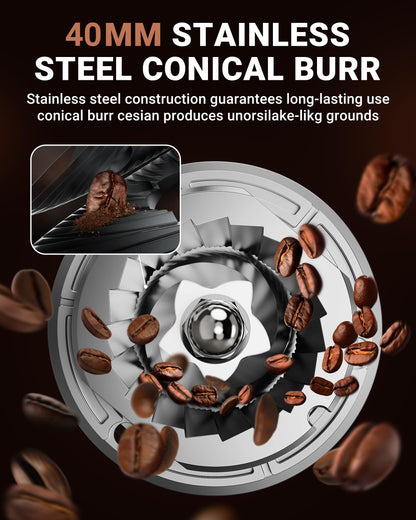 Conical Burr Coffee Grinder with 48 Grind Settings & Precision Timer
