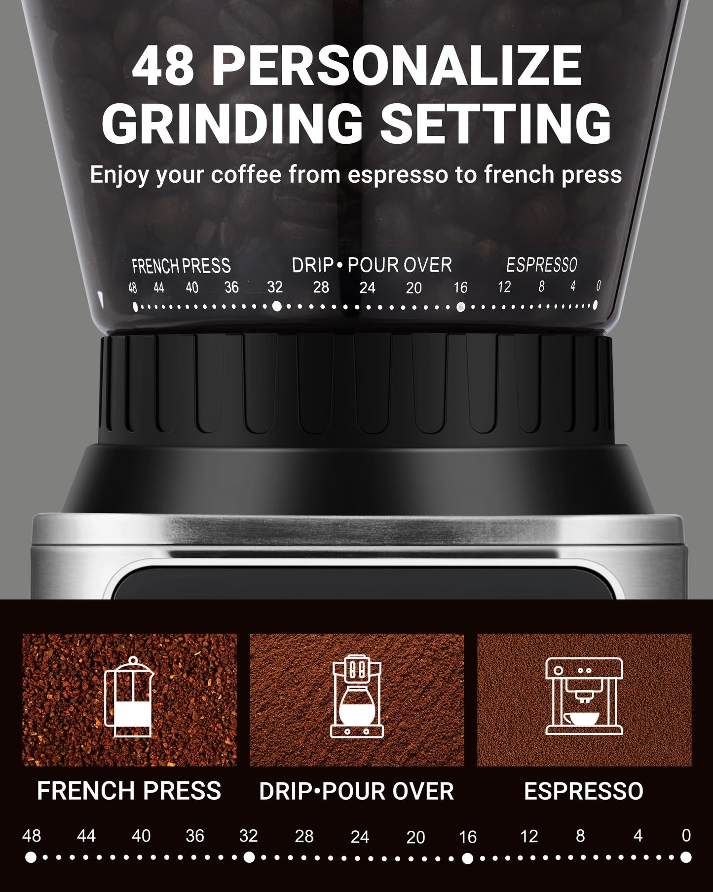 Conical Burr Coffee Grinder with 48 Grind Settings & Precision Timer