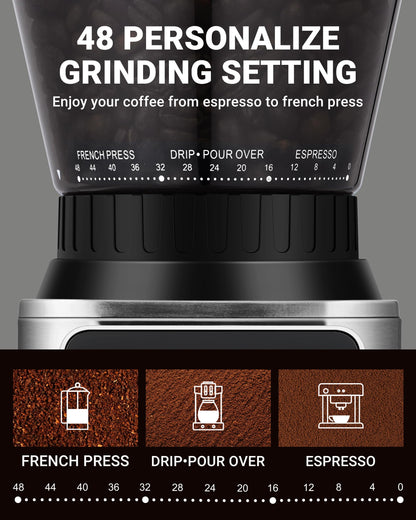 Conical Burr Coffee Grinder with 48 Grind Settings & Precision Timer
