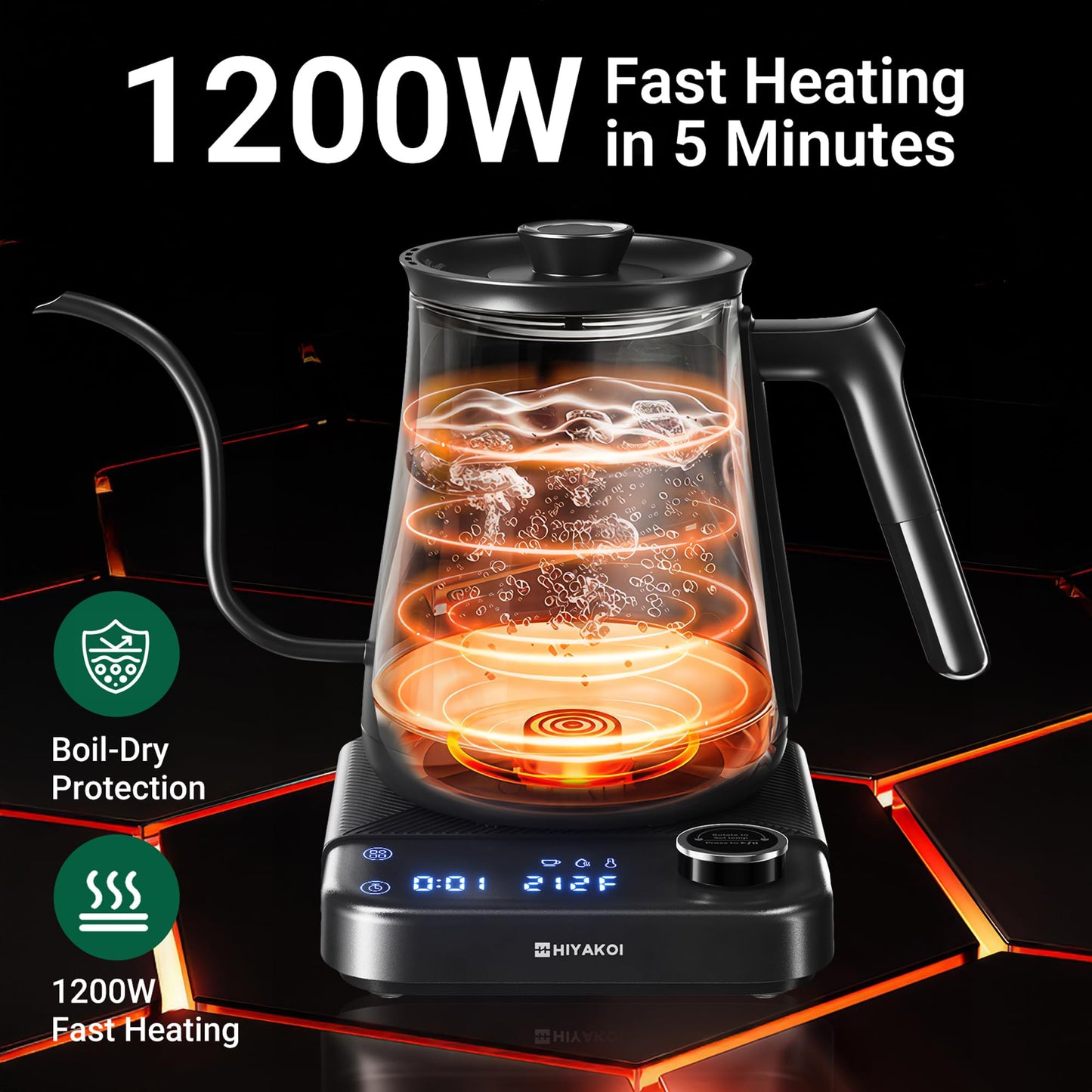1200W Gooseneck Electric Kettle with Temperature Control & Timer