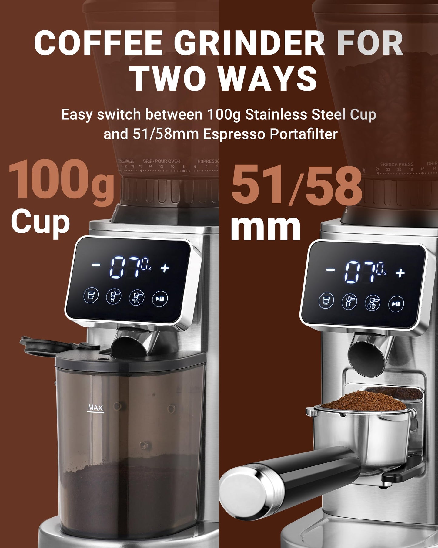 Conical Burr Coffee Grinder with 48 Grind Settings & Precision Timer