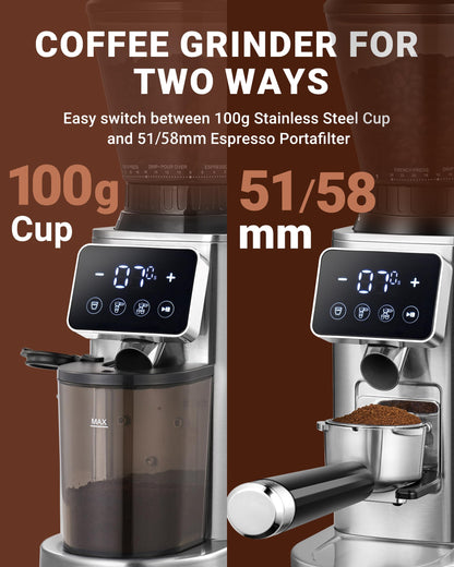 Conical Burr Coffee Grinder with 48 Grind Settings & Precision Timer